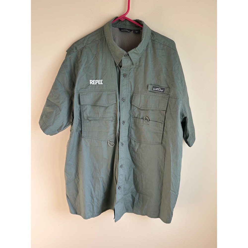 Eddie Bauer Mens XXL Green Short Sleeve Vented Fishing Shirt Repel Logo Utility